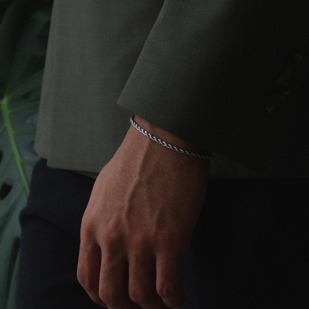 men women Rush Rope chain 2mm silver trendy popular bracelet Unisex  rope chain bracelet from Rush with a twisted link design, polished finish, and minimalist style for everyday wear.