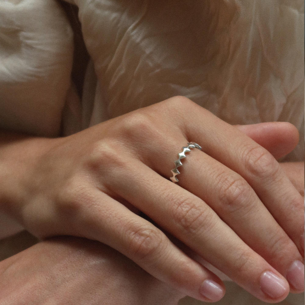 Rush silver ring with geometric design men women trendy popular ring 
Unisex silver scalloped band ring from Rush with a repeating geometric edge design and polished minimalist finish for everyday wear.