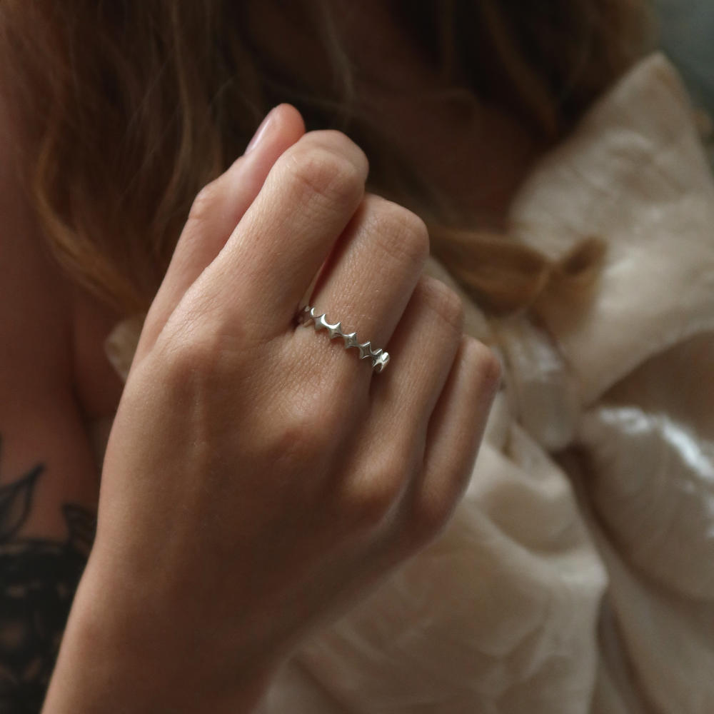 Rush silver ring with geometric design men women trendy popular ring 
Unisex silver scalloped band ring from Rush with a repeating geometric edge design and polished minimalist finish for everyday wear.