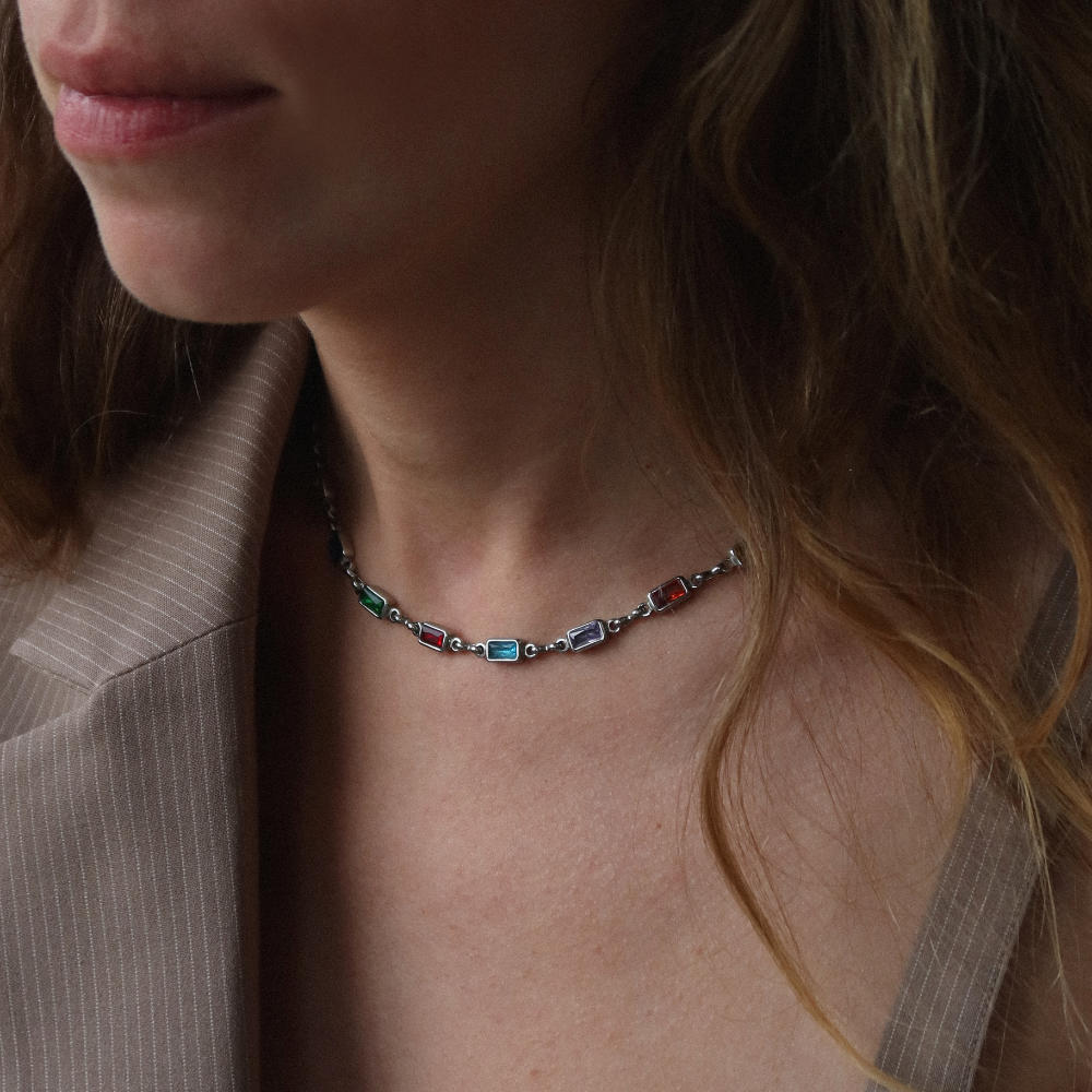 Rush Silver gemstones beaded necklace men women trendy popular chic elegant party 