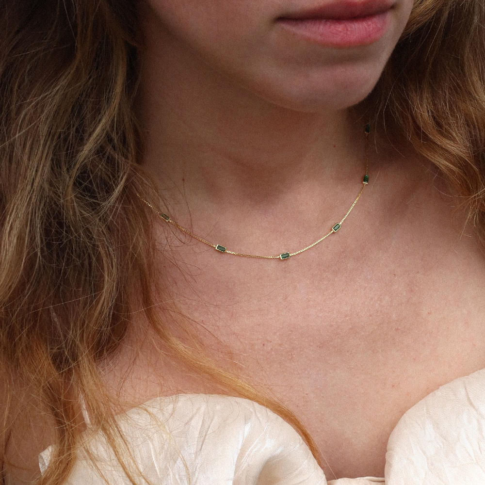 Rush gold green emerald baguette stones men women chic party popular trendy gemstone necklace 