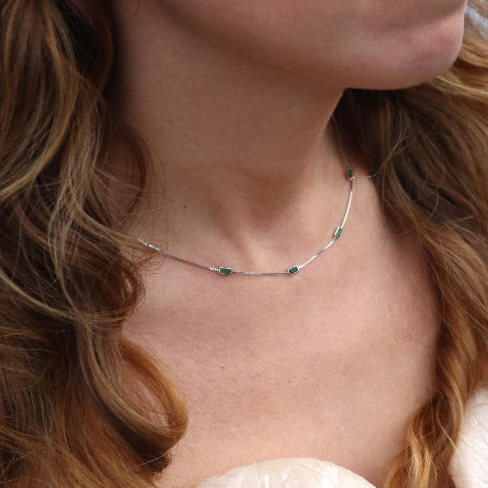 Rush silver green emerald baguette stones men women chic party popular trendy gemstone necklace 